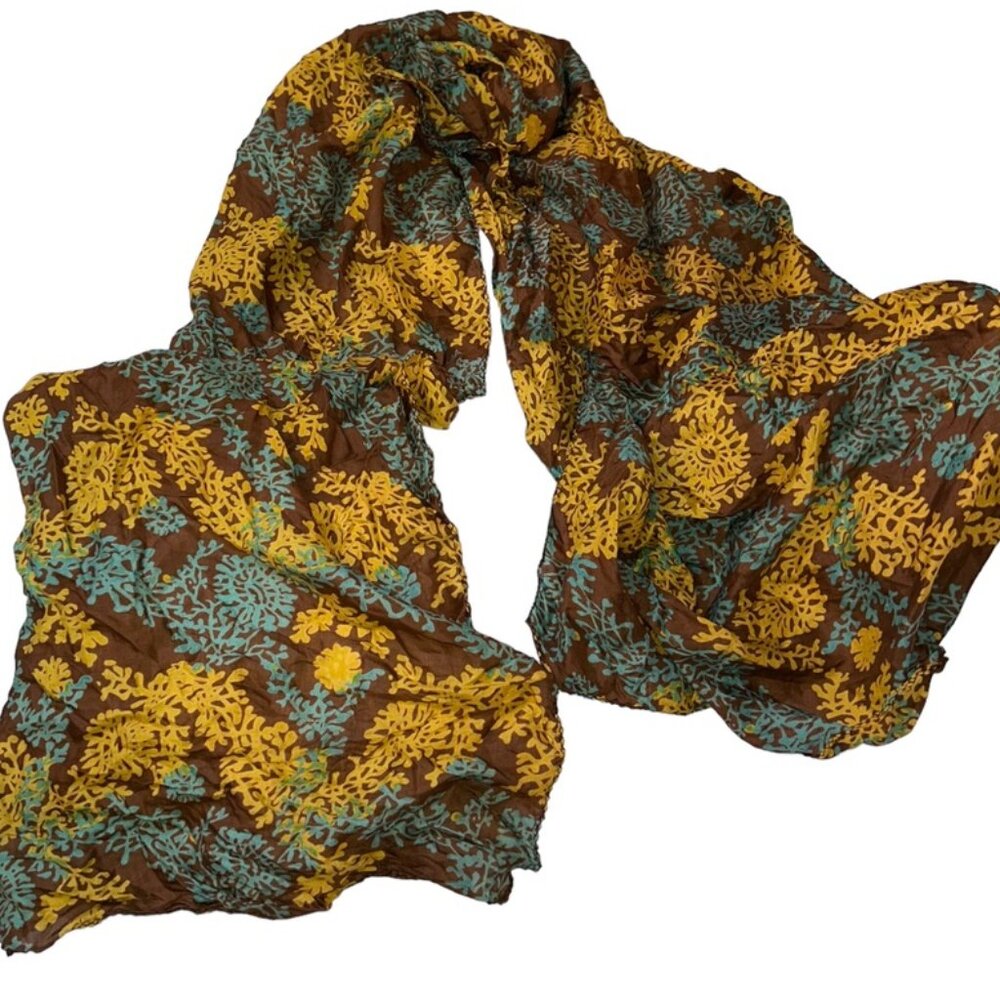 brown gold coral plants print SILK scarf FALL 17x65" Ethnic India